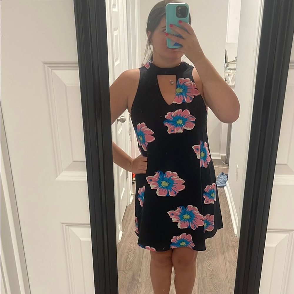 Navy shift dress with Floral Pink and Blue Accents